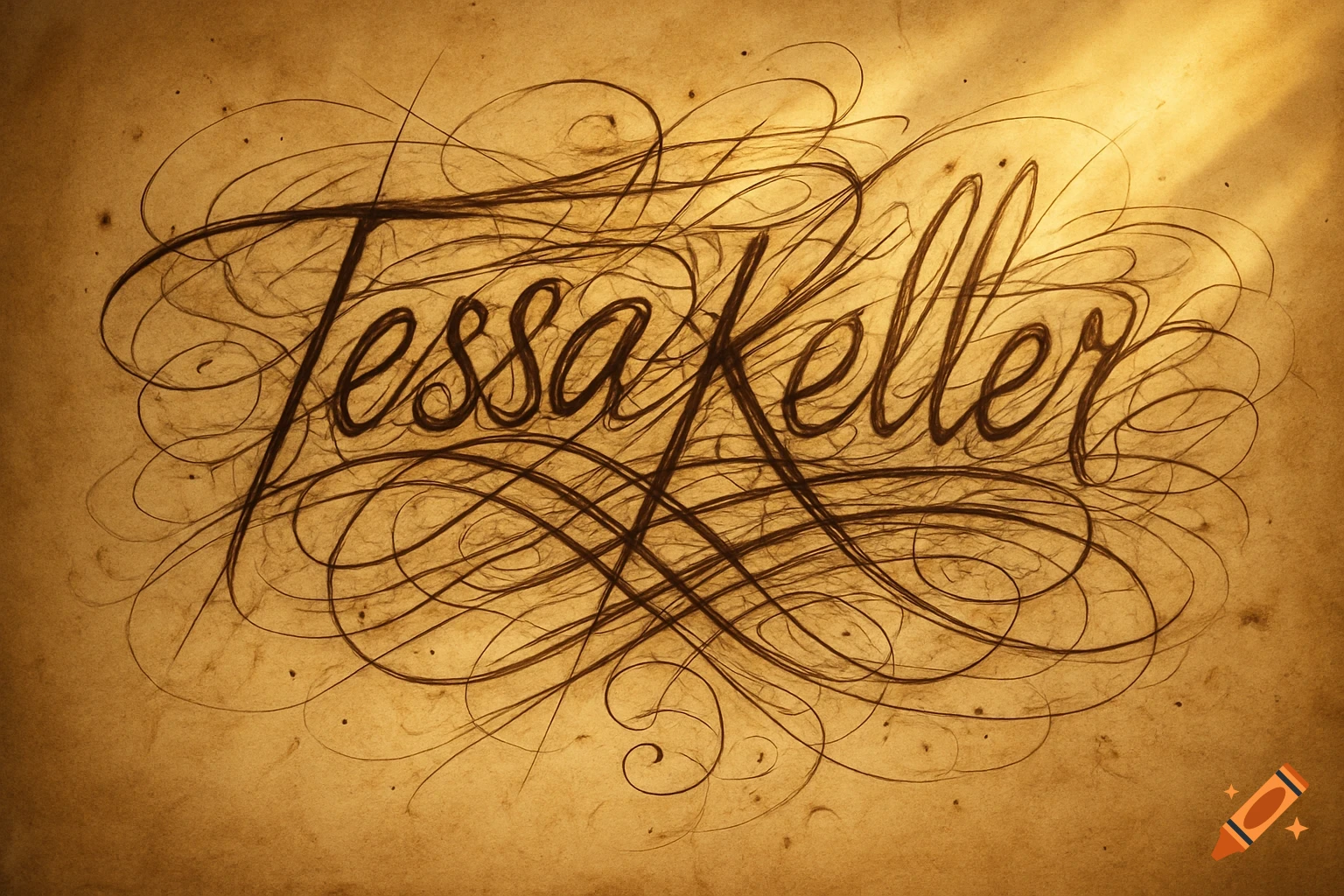 A stylized, intricate signature of the name "Tessa Keller" in dark brown script on a textured, warm golden-brown parchment background.