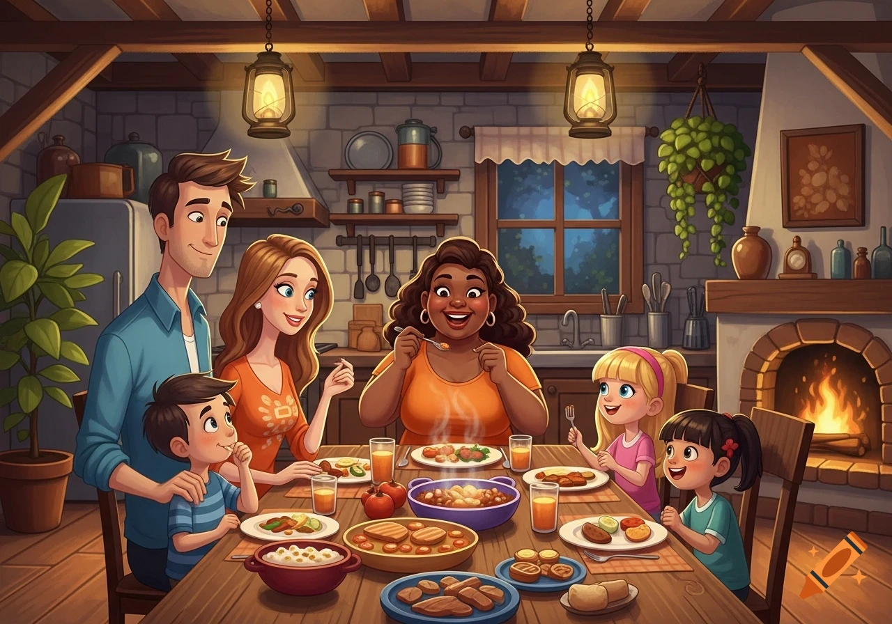 Cartoon illustration of a diverse family happily sharing a meal at a rustic kitchen table by a fireplace.