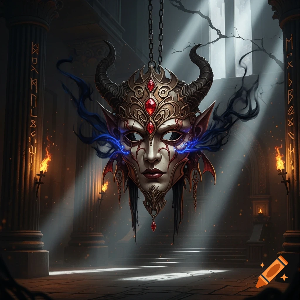 An ornate horned demon mask with red gems and blue light floating in a torch-lit ancient temple with columns and stairs.