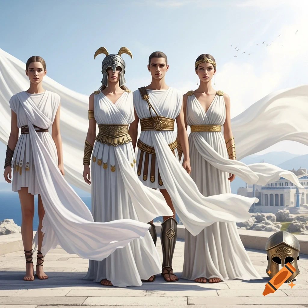 Four figures in elegant ancient Greek-inspired white tunics and golden armor stand on a coastal balcony with classical architecture.