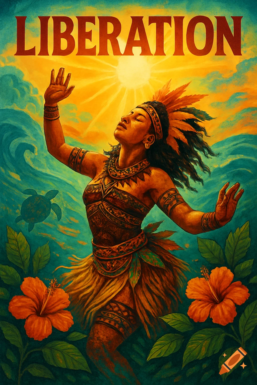 A woman in traditional attire with feathers raises her hands towards a bright sun, with ocean waves, a sea turtle, and hibiscus flowers around her. "LIBERATION" is written at the top in a vibrant art style.