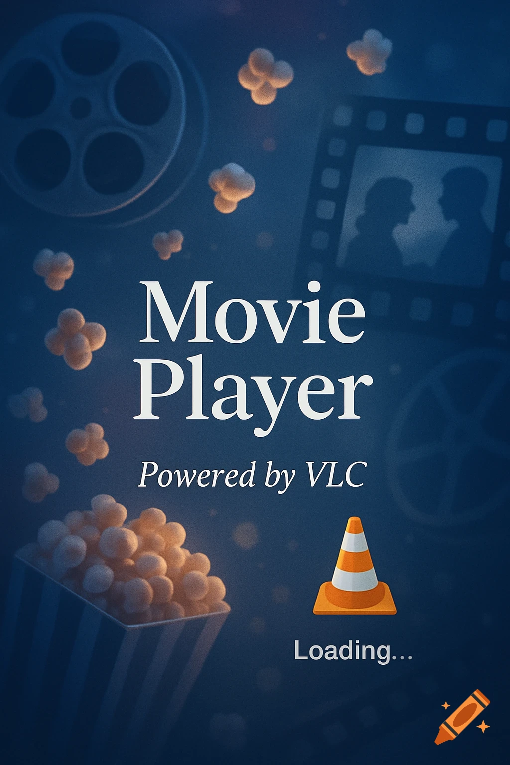 A blue movie player app splash screen with popcorn, film reels, a popcorn box, a VLC cone logo, and text 'Movie Player', 'Powered by VLC', and 'Loading...'