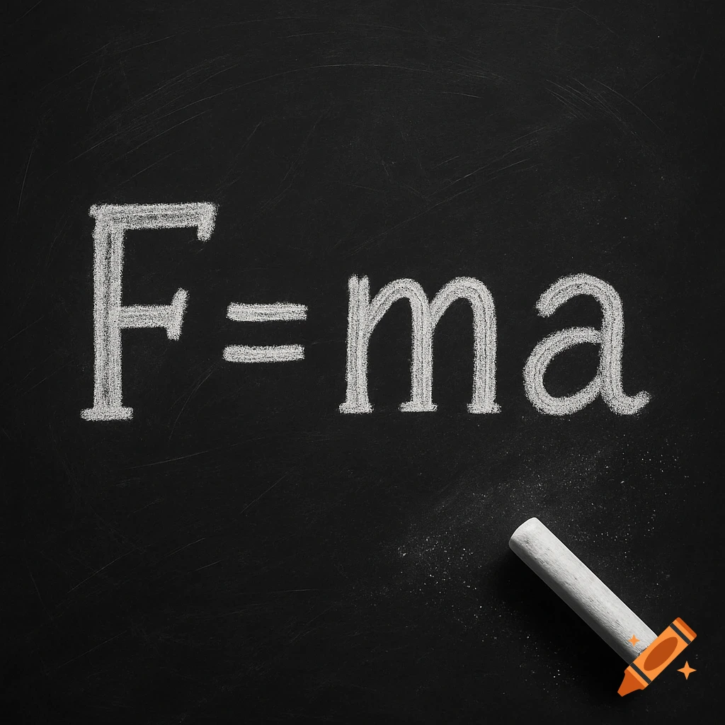 The physics formula F=ma written in white chalk on a black chalkboard, with a piece of white chalk below.