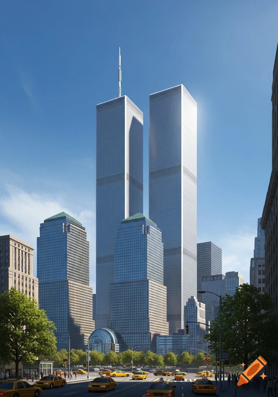 Photorealistic image of the iconic Twin Towers towering over a busy New York City street with yellow taxis and pedestrians.
