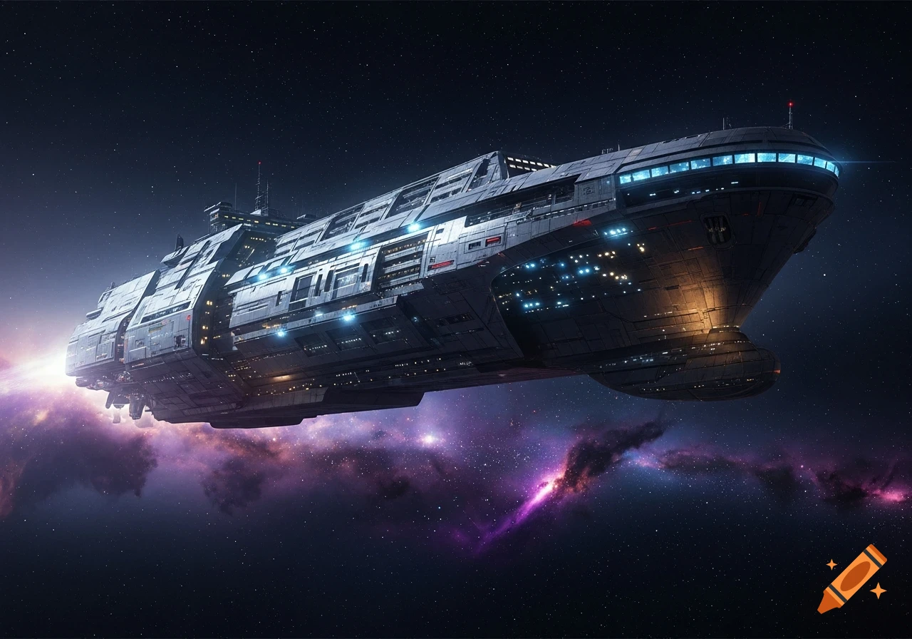 A large, detailed space cargo ship with glowing lights travels through a star-filled galaxy with purple nebulas.
