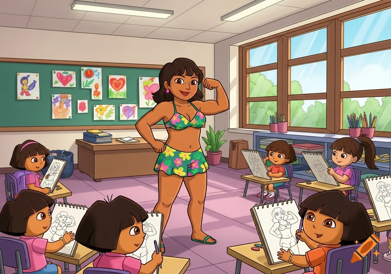 Cartoon Dora's Mami in a bikini flexes for an elementary school art class where young Dora look-alikes draw her.