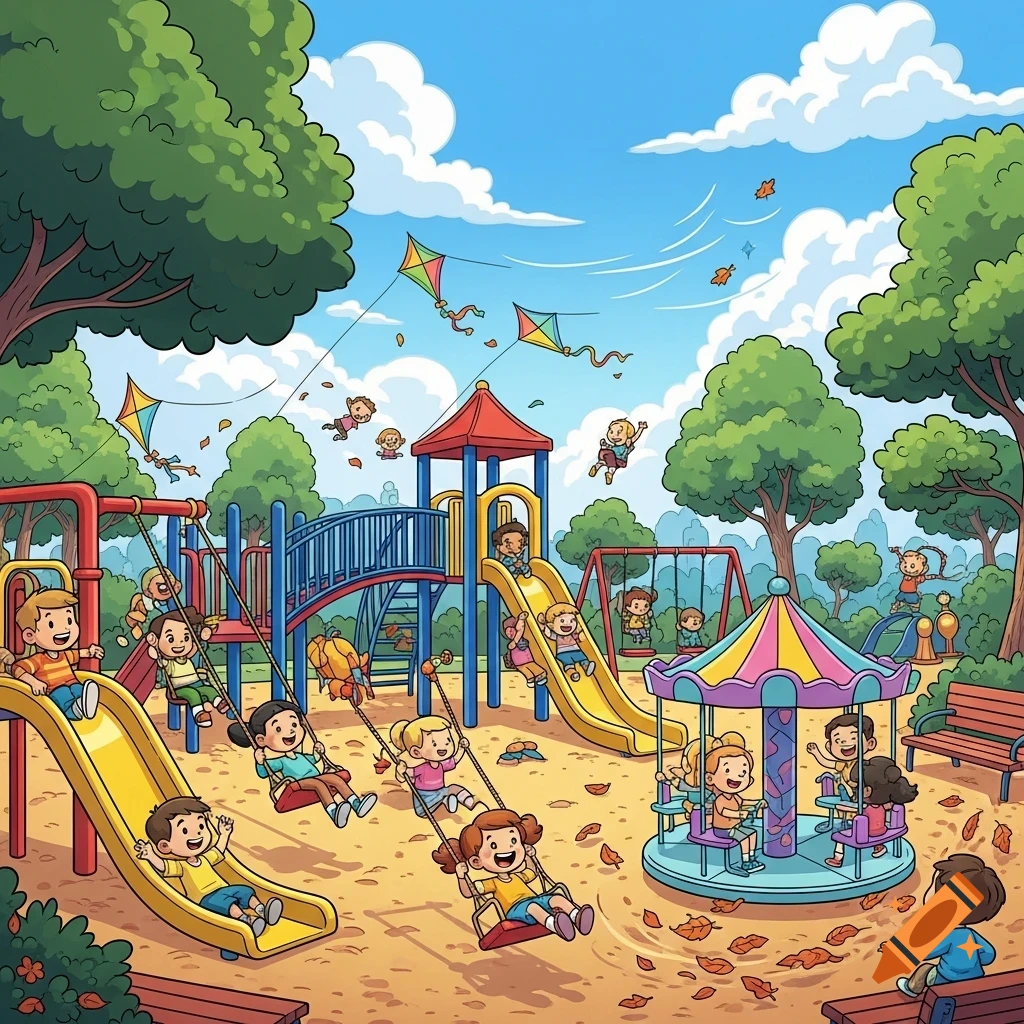Vibrant cartoon playground with children on slides, swings, and a merry-go-round under a blue sky with kites.