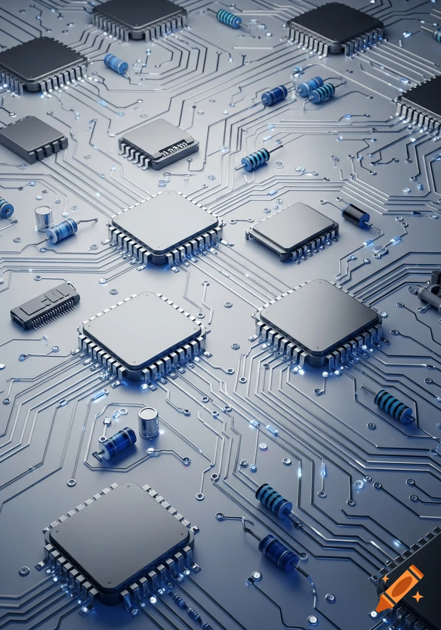 Close-up, high-angle view of a detailed circuit board with microchips, resistors, and glowing blue traces, rendered in a clean, futuristic style.