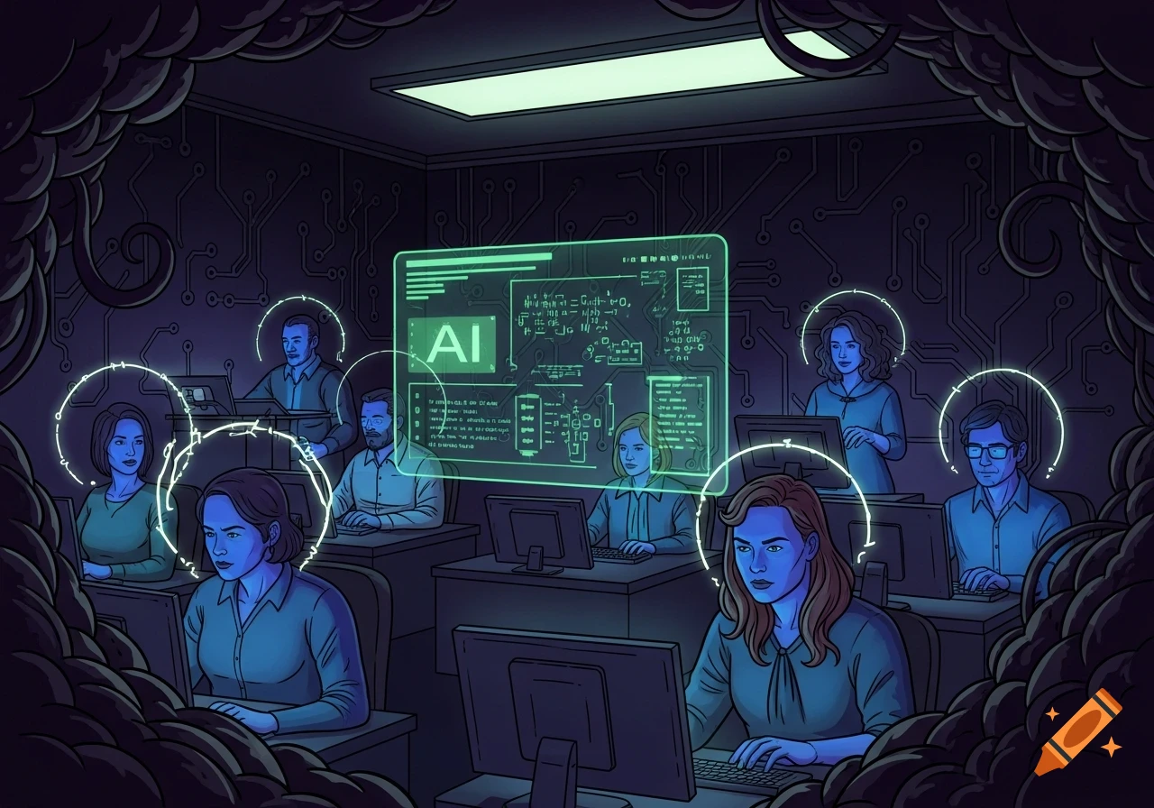 People in a dark, tech-themed room work on computers, bathed in blue light, with a large glowing 'AI' screen in the center, comic style.