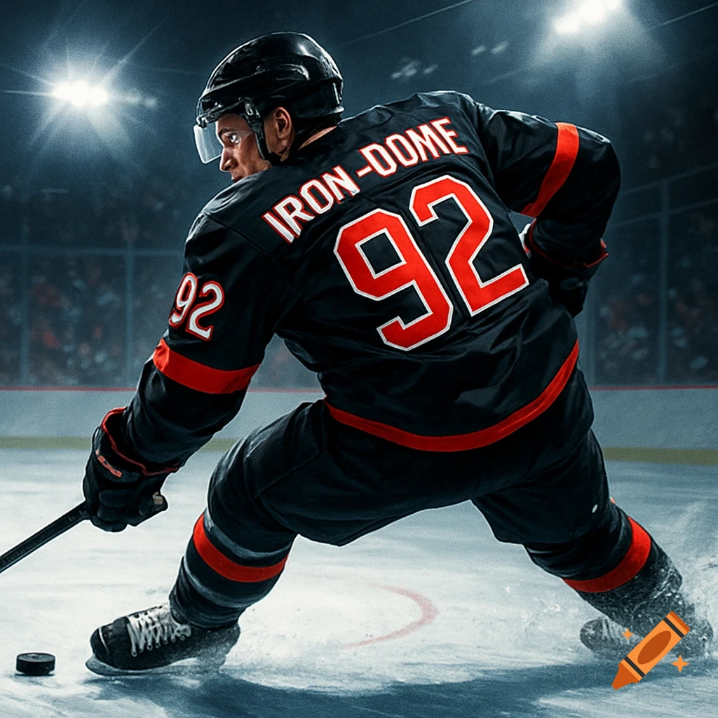 A photorealistic hockey player in a black and red jersey with 'Iron-Dome' and '92' on the back, skating on an ice rink with a puck.