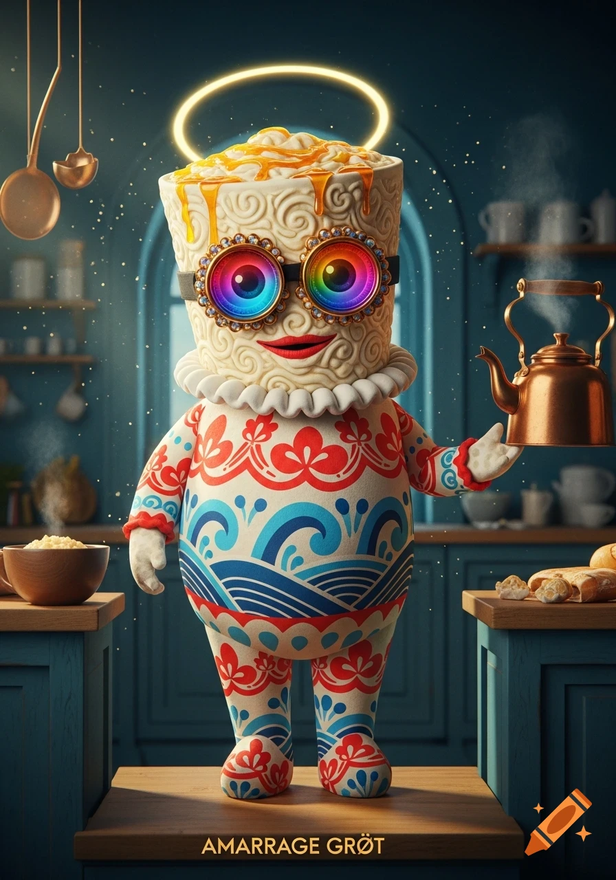 A whimsical cartoon character resembling a porridge cup with a glowing halo, rainbow goggles, and patterned clothing, holding a steaming teapot in a kitchen.