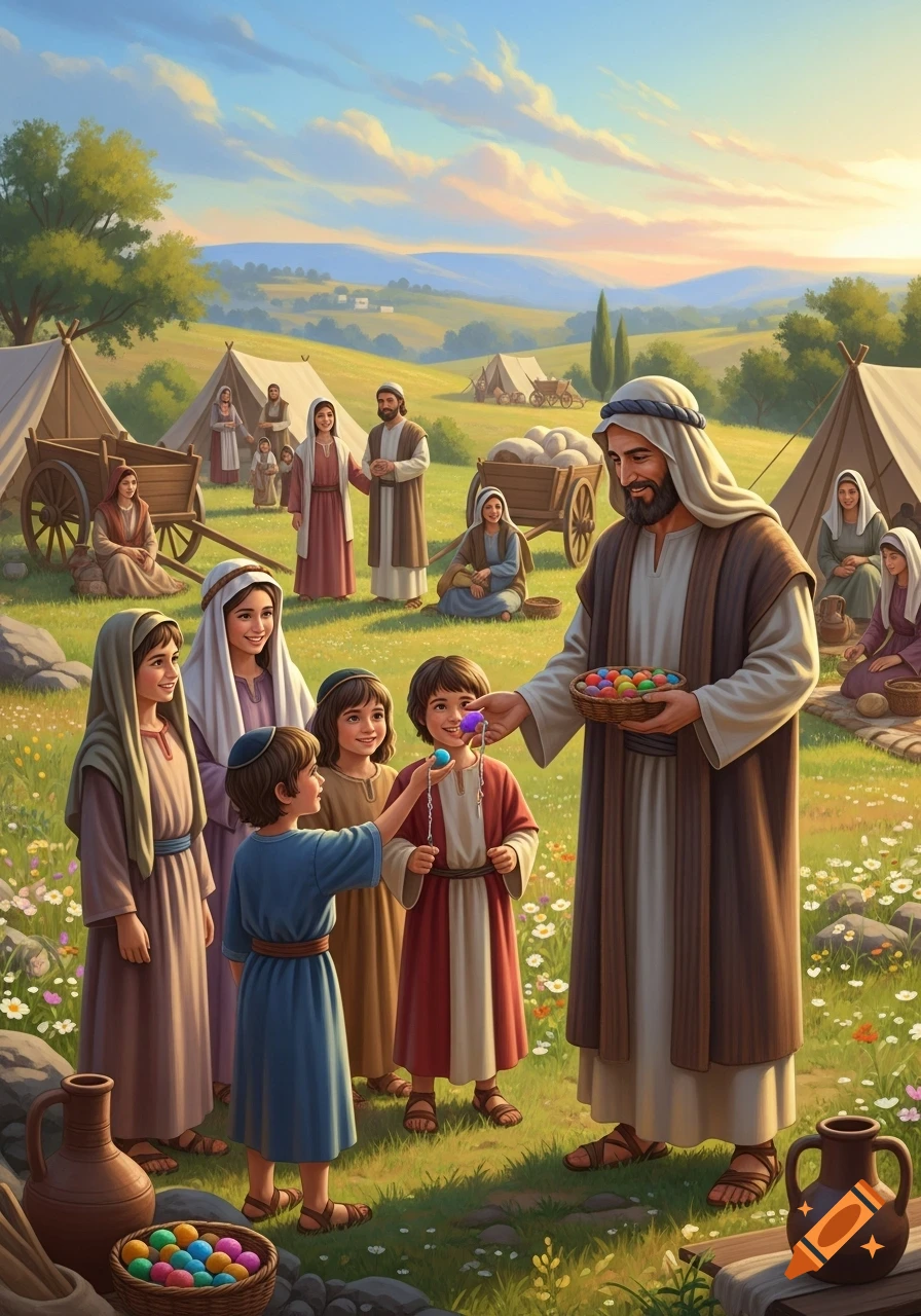 A man in ancient robes distributes colorful eggs to children in a bustling camp with tents and families, set in a sunny, green landscape.