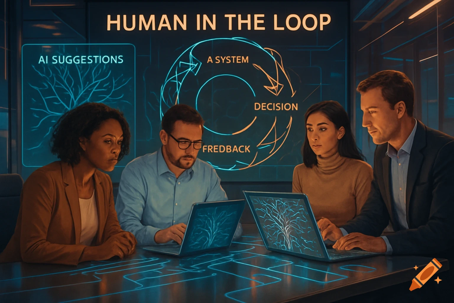 Four diverse professionals collaborate around a table, viewing laptops and a large screen displaying "HUMAN IN THE LOOP" diagrams with AI concepts.