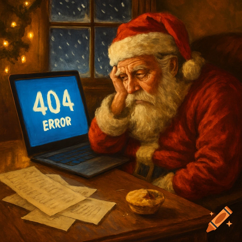 Sad Santa Claus looks at a laptop displaying '404 ERROR' in a warm, painterly style.