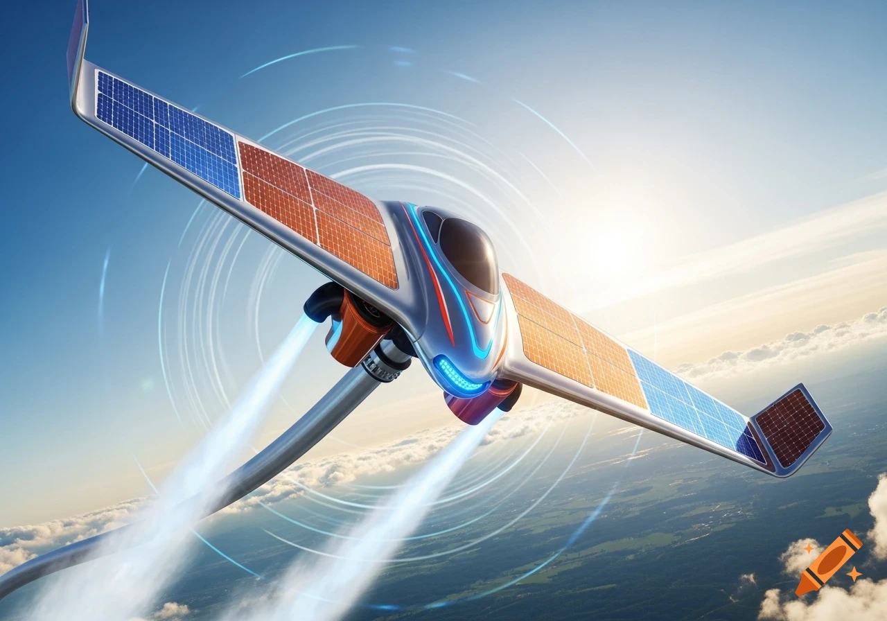 A futuristic solar-powered aircraft with blue lights and exhaust trails flies through a bright, sunny sky above clouds.