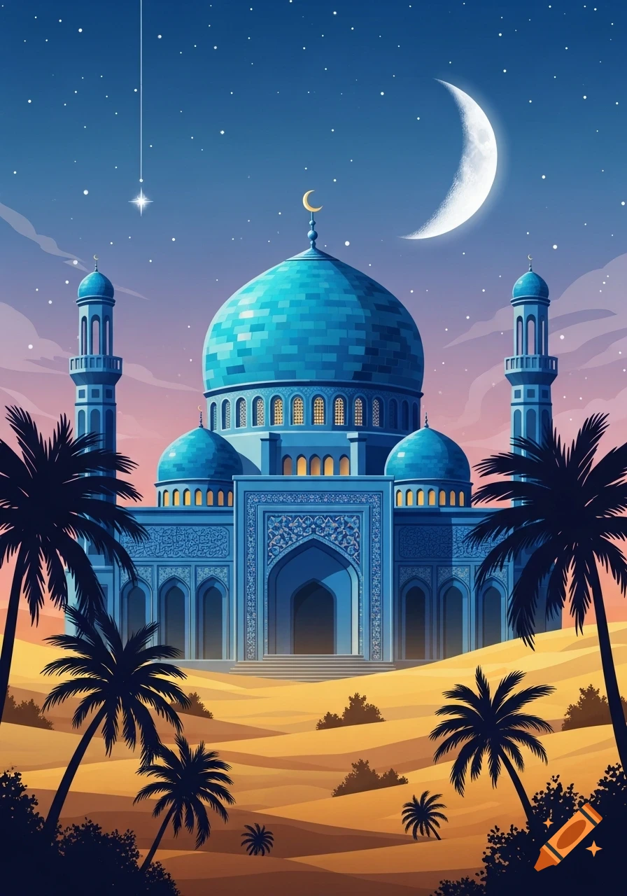 Stylized blue mosque with minarets in a desert, under a crescent moon ...