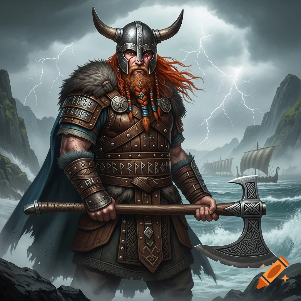 A powerful Viking with a red beard, horned helmet, and a scar across his eye stands with an axe by a stormy sea with longships.