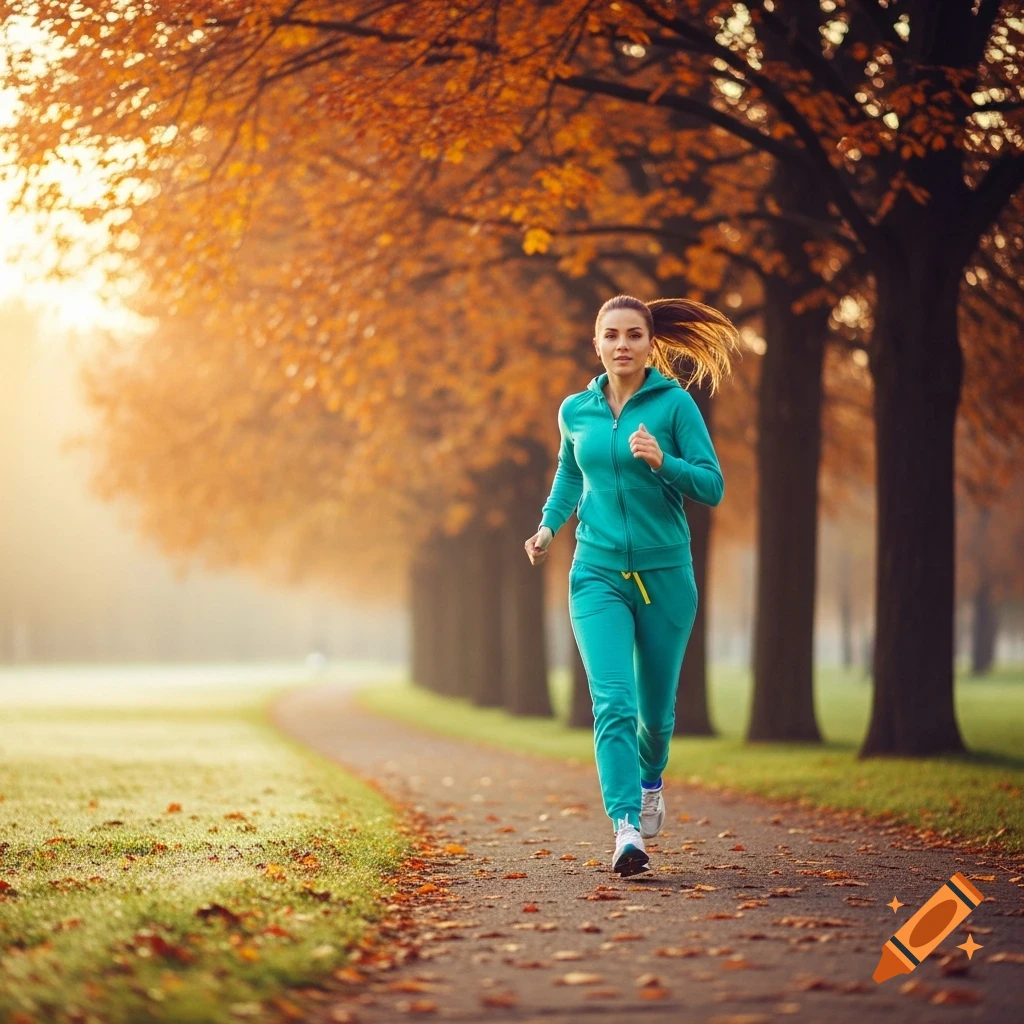 Woman jogging on a path lined with golden-leafed autumn trees, with bright sunlight in the background.