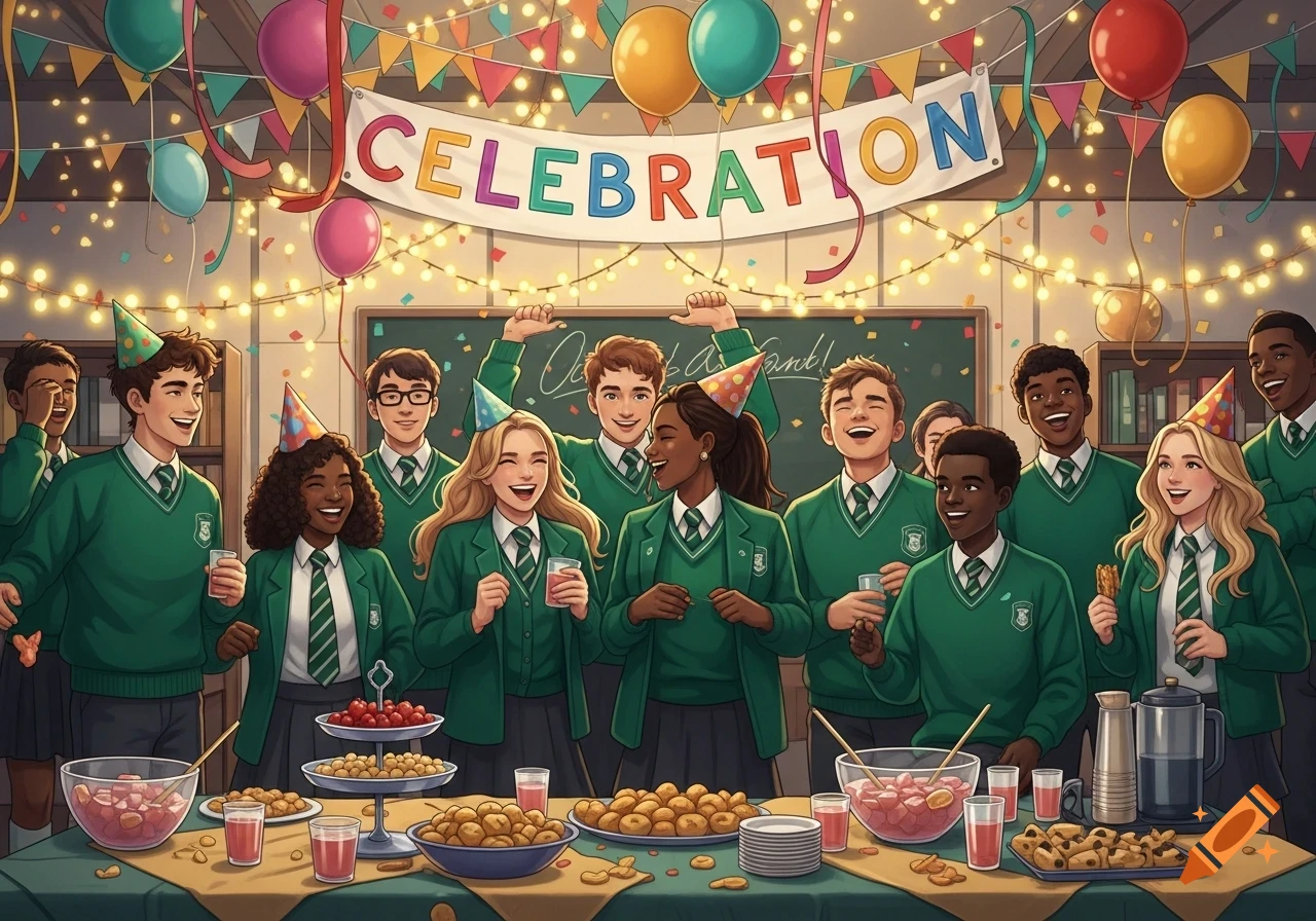 A group of diverse school students in green uniforms celebrating with party hats, food, drinks, balloons, and a banner that says "CELEBRATION".