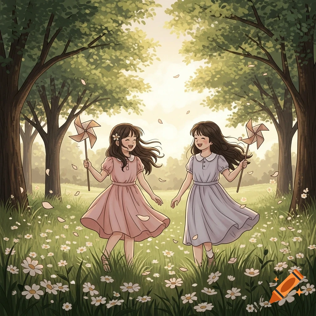Two smiling girls in dresses play with pinwheels in a sunny, flower-filled forest meadow, in an anime illustration style.