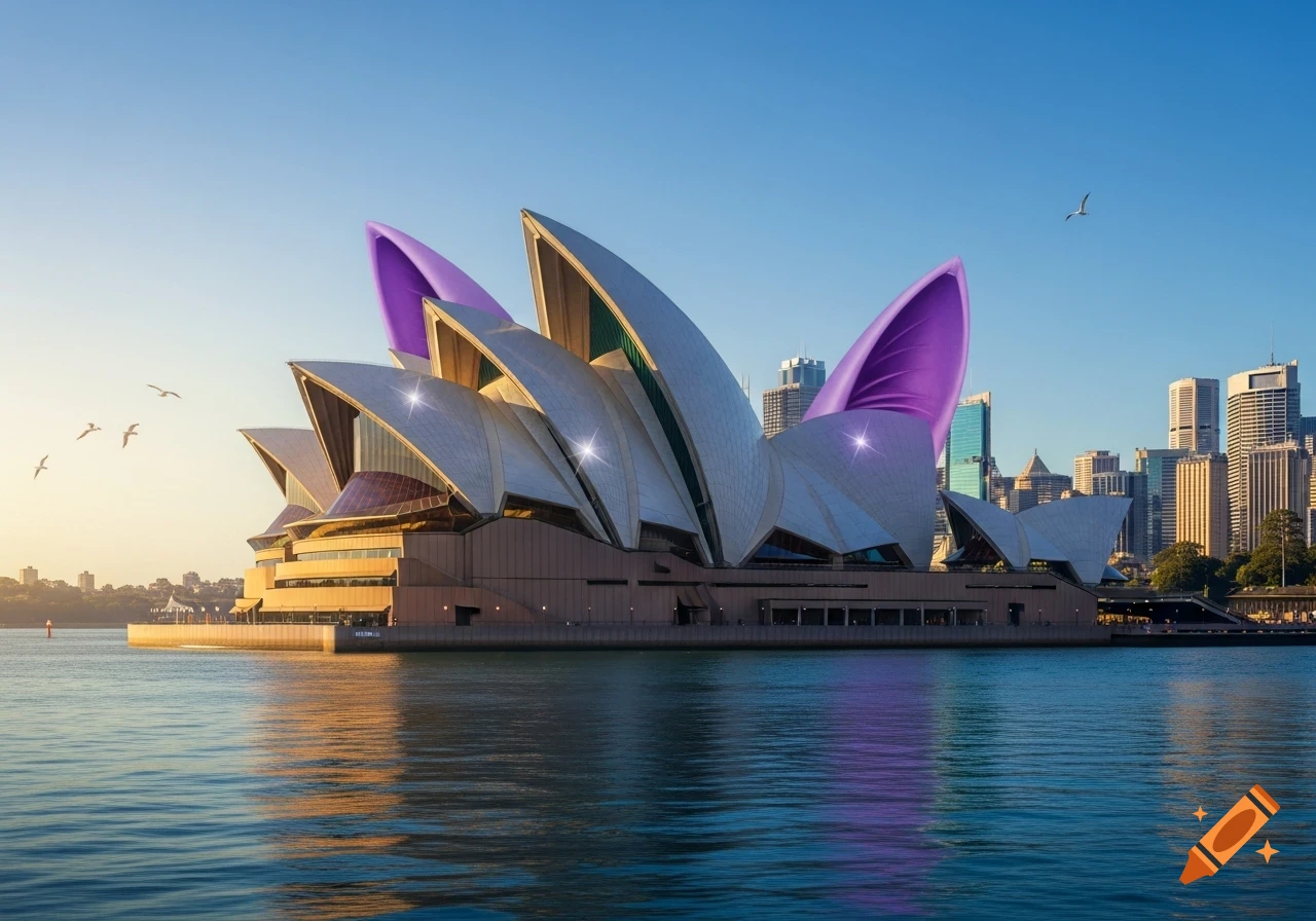 The Sydney Opera House at sunrise with large, shiny purple cat ears as its roof, viewed across calm water with a city skyline in the background.