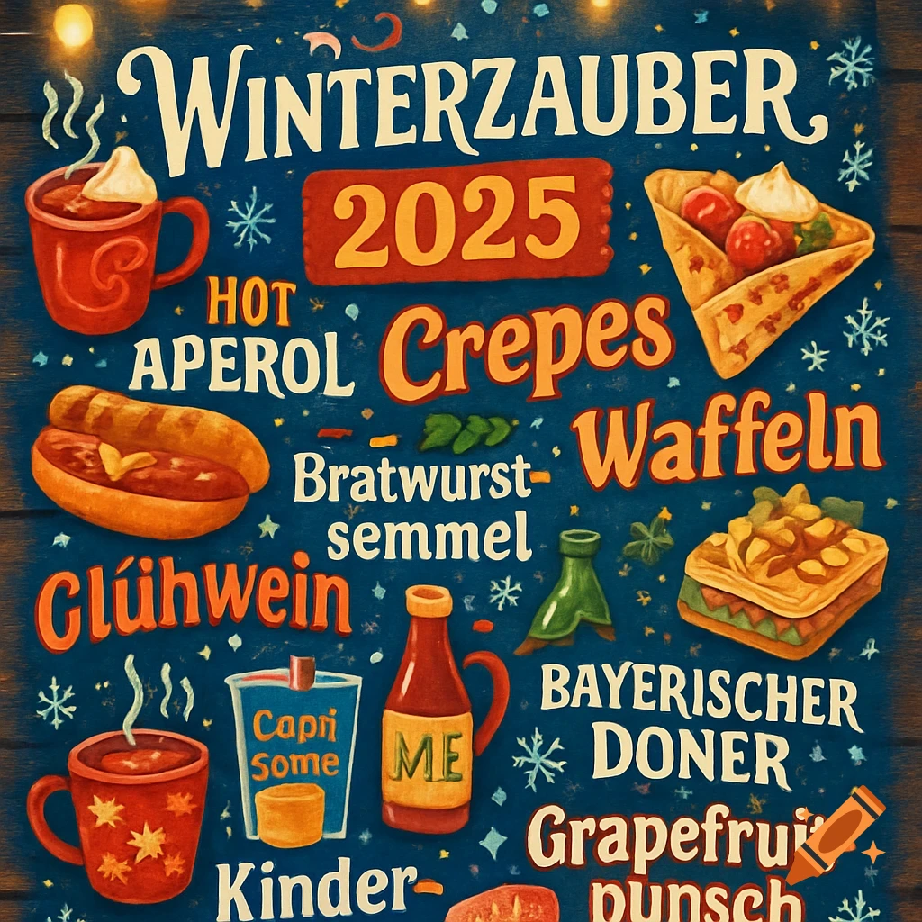 A festive, dark blue collage for "Winterzauber 2025" featuring illustrations of various foods and drinks like crepes, bratwurst, waffles, glühwein, and grapefruit punch, with text labels in a decorative style.