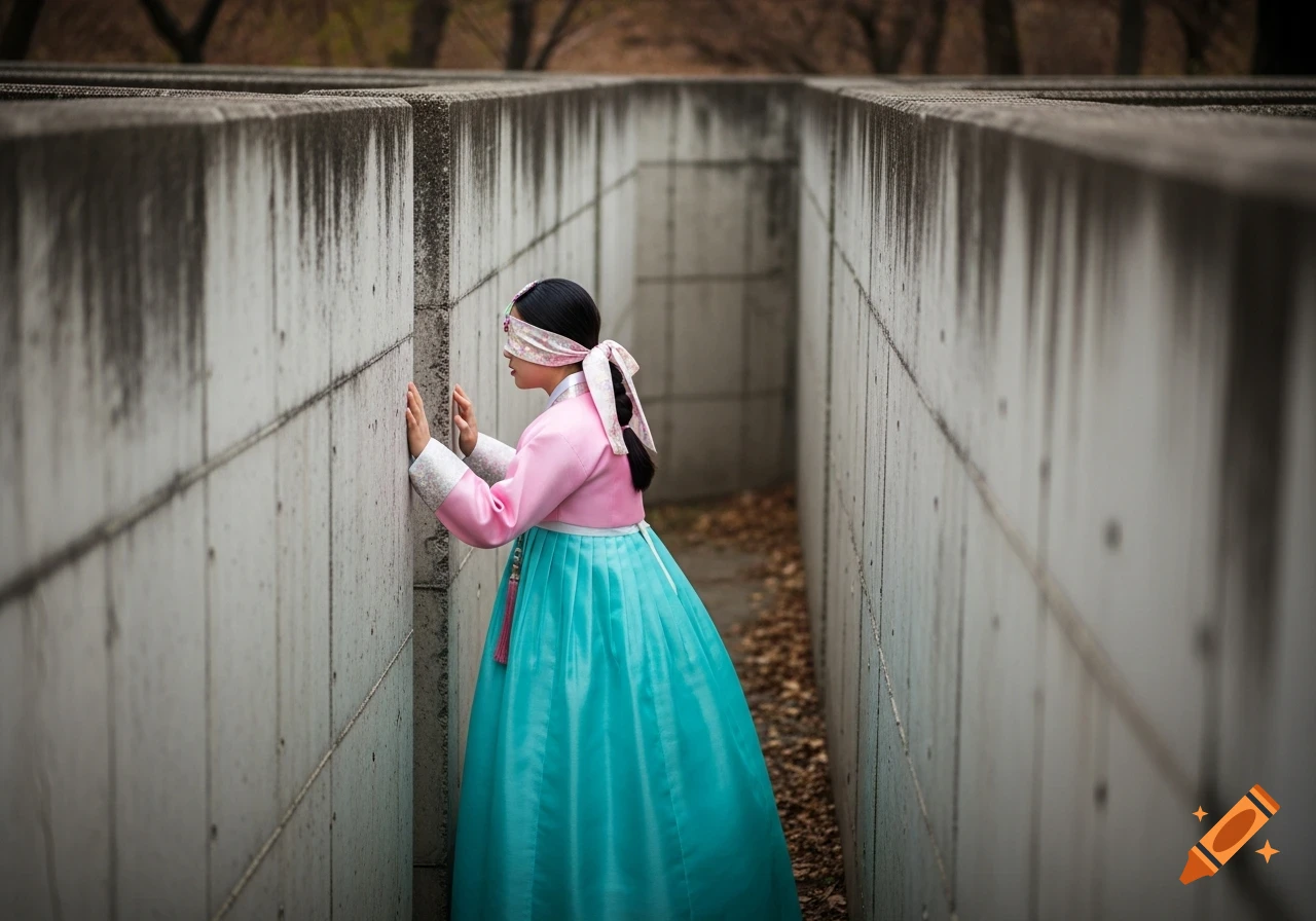 A blindfolded Korean girl in a pink and teal hanbok explores a concrete maze, feeling the tall walls.