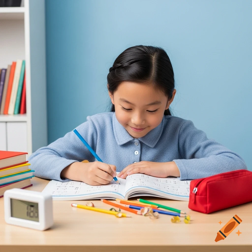 Young Asian girl smiling, writing in a book with a blue pencil, surrounded by school supplies on a desk.