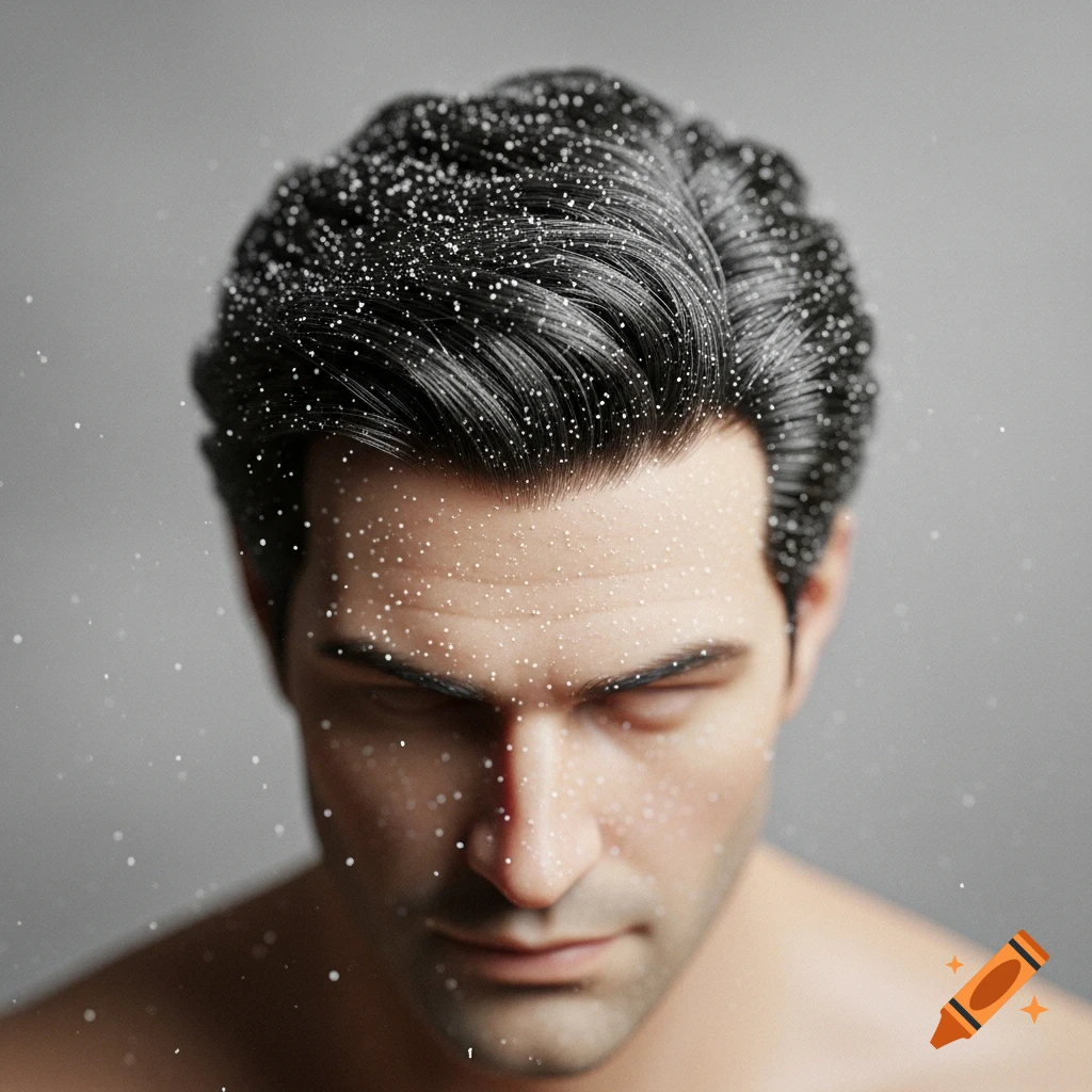 Close-up portrait of a man with dark hair covered in white flakes, looking down.