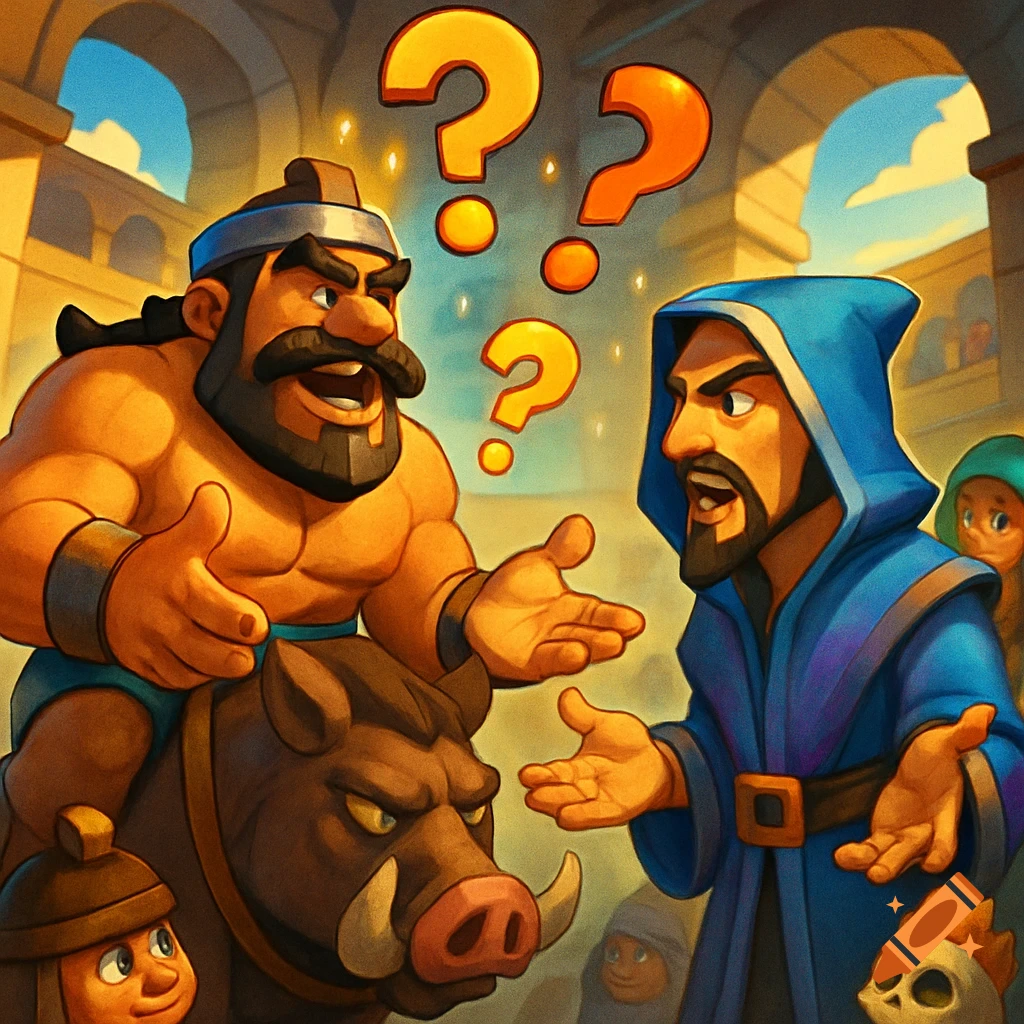 Cartoon Hog Rider on a boar talking to a wizard, with question marks floating between them, set in an arena.