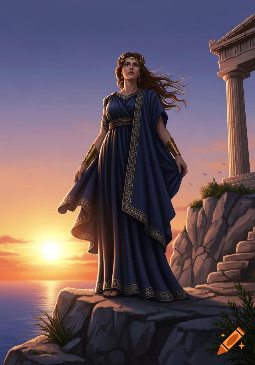 A woman in a flowing blue Greek gown and golden armbands stands on a cliff overlooking a vibrant sunset over the ocean, with an ancient column nearby.