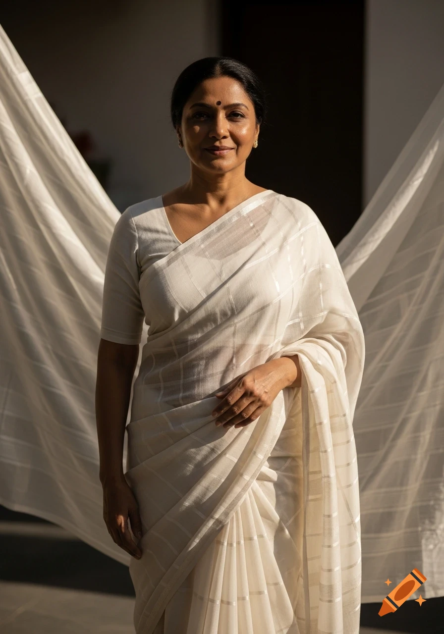 Photorealistic portrait of a middle-aged Indian woman in an elegant, transparent white saree, standing in soft natural light.