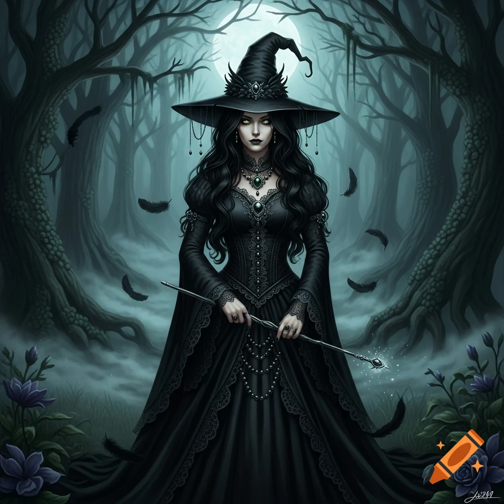 Elegant gothic witch with long black hair, green eyes, and a black hat and dress, holding a glowing wand in a moonlit, misty dark forest.