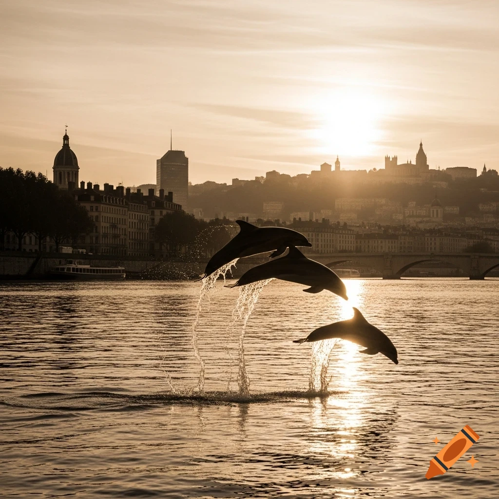 Sepia-toned photo of three dolphins leaping from a river with water splashes, silhouetted against a sunset over a city skyline and bridge.