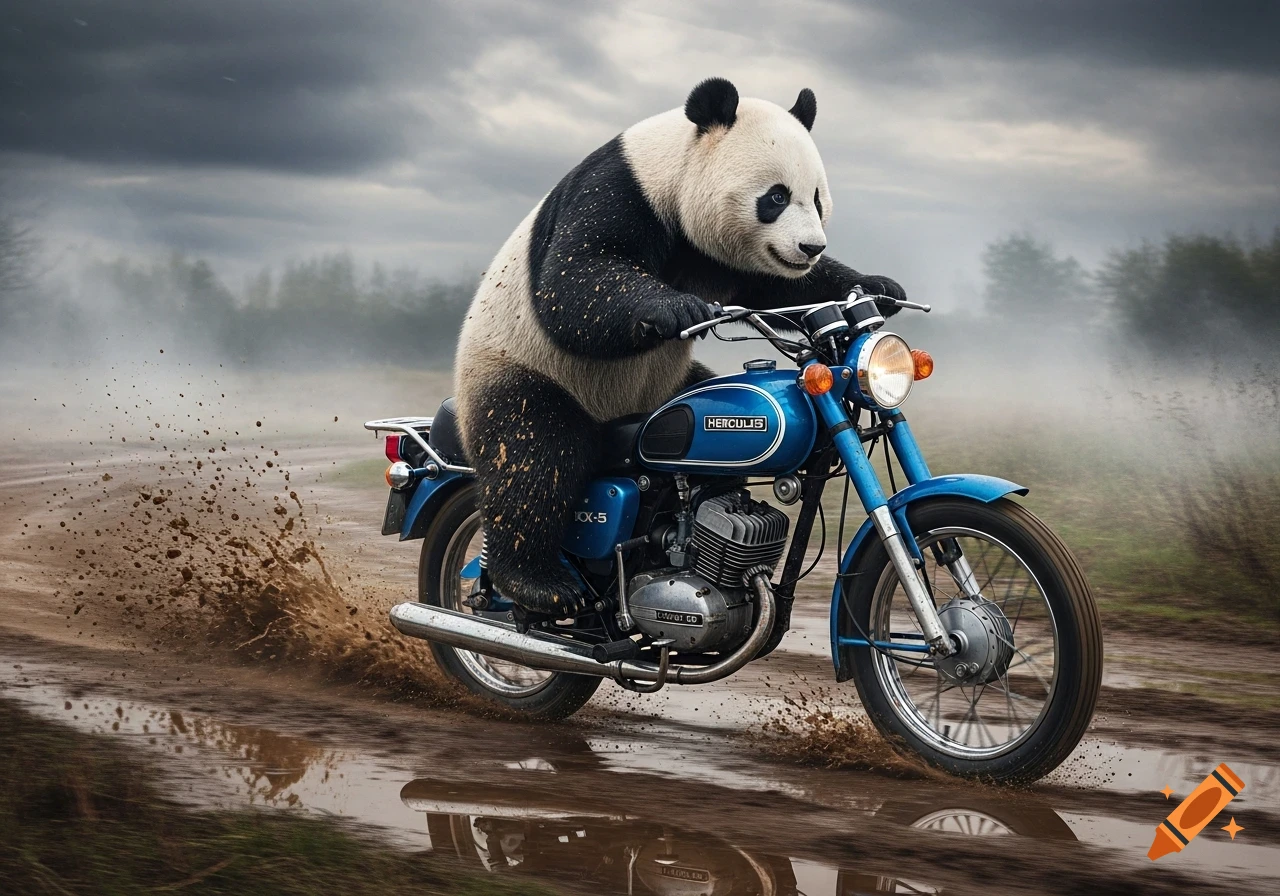 A photorealistic panda rides a blue vintage motorcycle through a muddy path, splashing dirt. The panda appears focused.