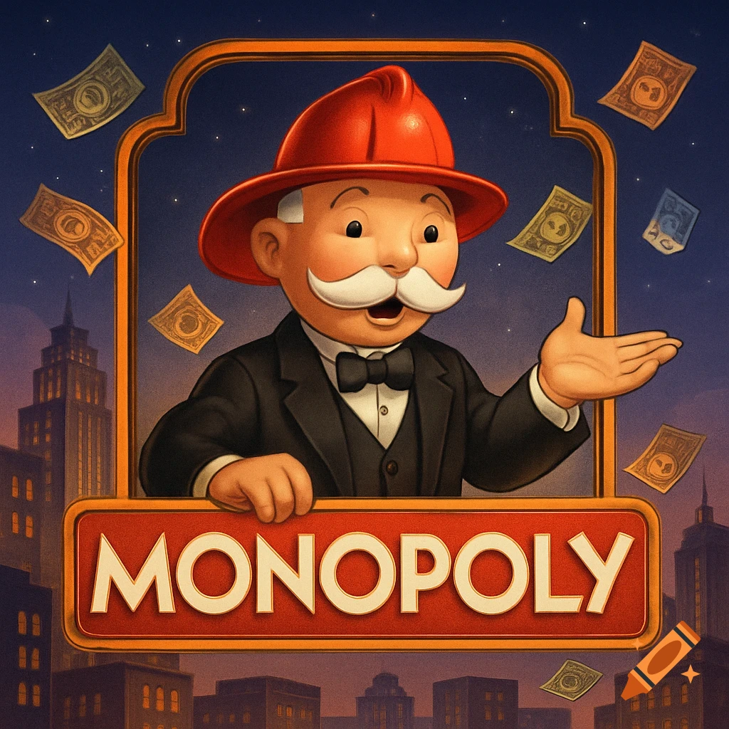 Mr. Monopoly in a red fire helmet, gesturing with money floating around him, above a 'MONOPOLY' sign and city skyline.