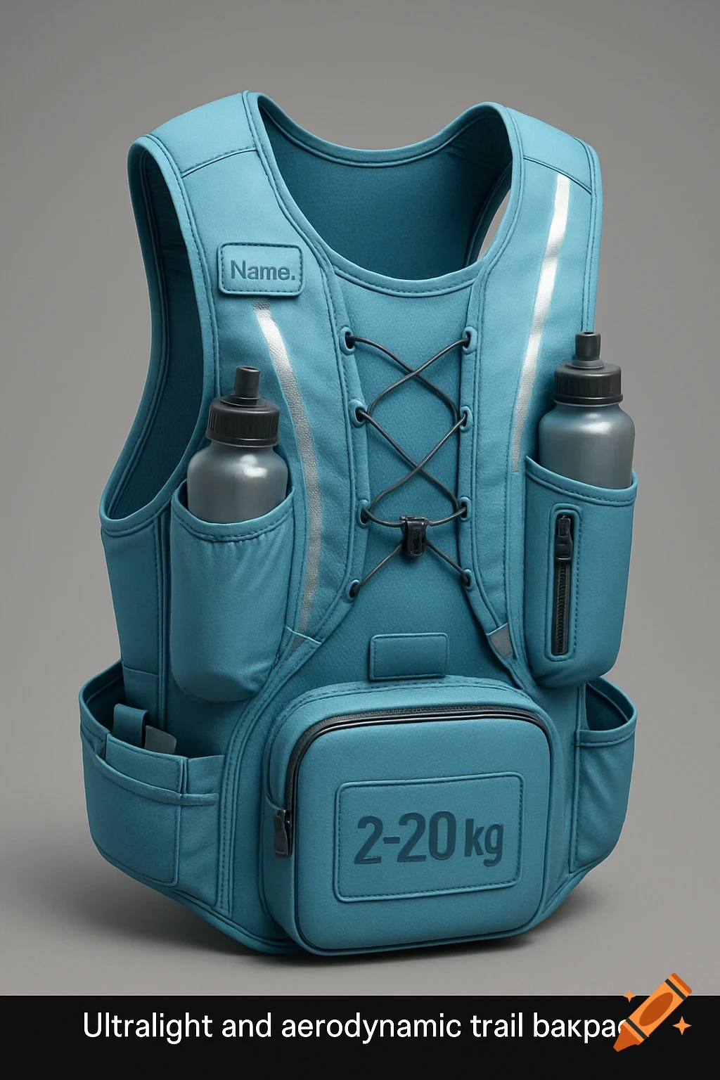 A close-up of a blue ultralight trail running vest with water bottles, reflective stripes, elastic lacing, and text labels 'Name.' and '2-20 kg'.