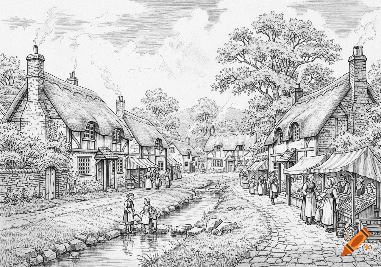A detailed pencil drawing of a bustling old village with thatched-roof houses, a winding stream, and people shopping at market stalls.