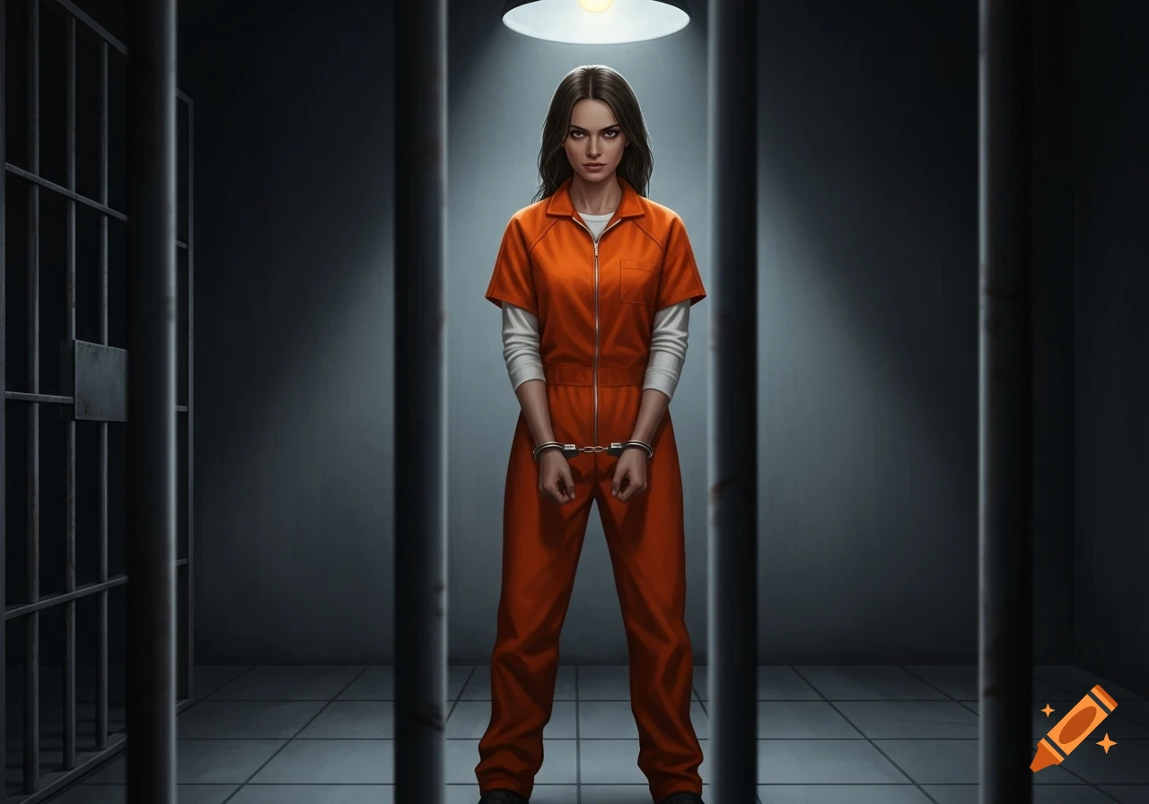 A woman in an orange jumpsuit with handcuffs stands in a dimly lit prison cell, staring intensely.