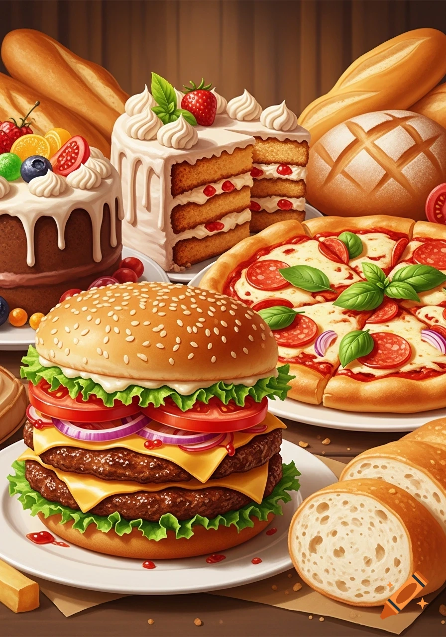 A vibrant illustration of a double cheeseburger, pepperoni pizza, sliced cake, frosted cake, and various breads on a table.