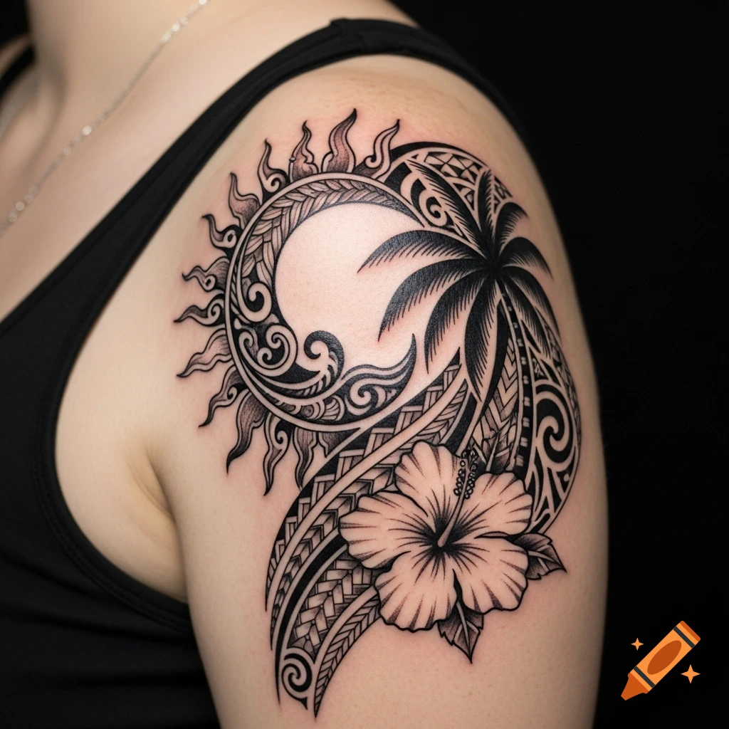 A black Polynesian-style tattoo featuring a sun, palm tree, and hibiscus flower on a person's left shoulder.