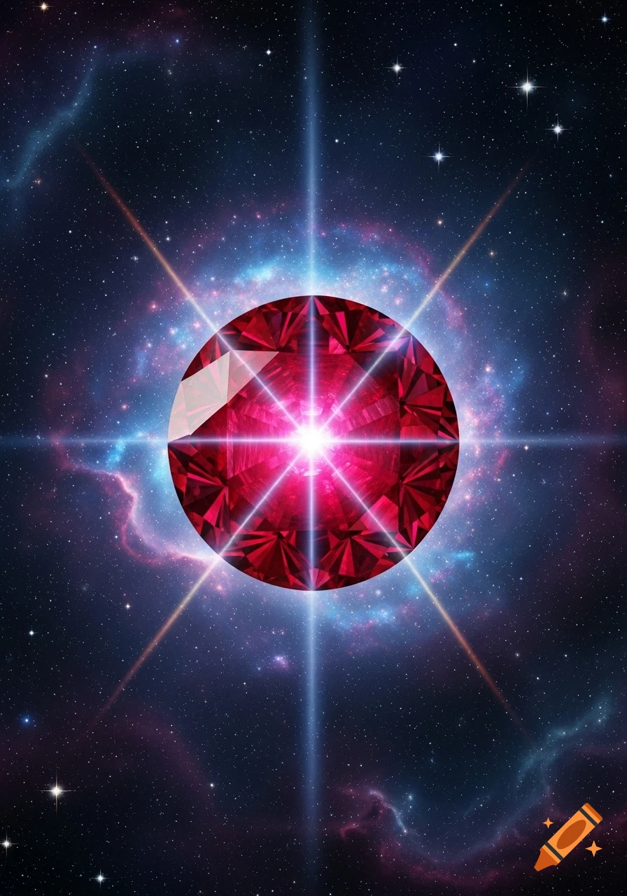 A brilliant red faceted ruby glows with bright light rays against a dark starry cosmic background with blue and purple nebulae.