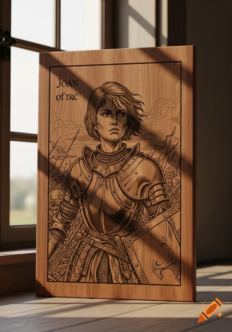 A wood panel with an engraved illustration of Joan of Arc in armor holding a shield, standing before a battle scene.
