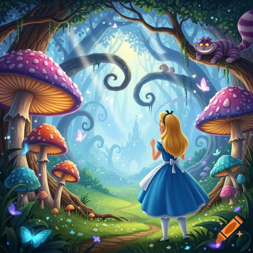 Alice in Wonderland in a magical forest with giant mushrooms and the Cheshire Cat, looking towards a distant castle in a whimsical illustration.