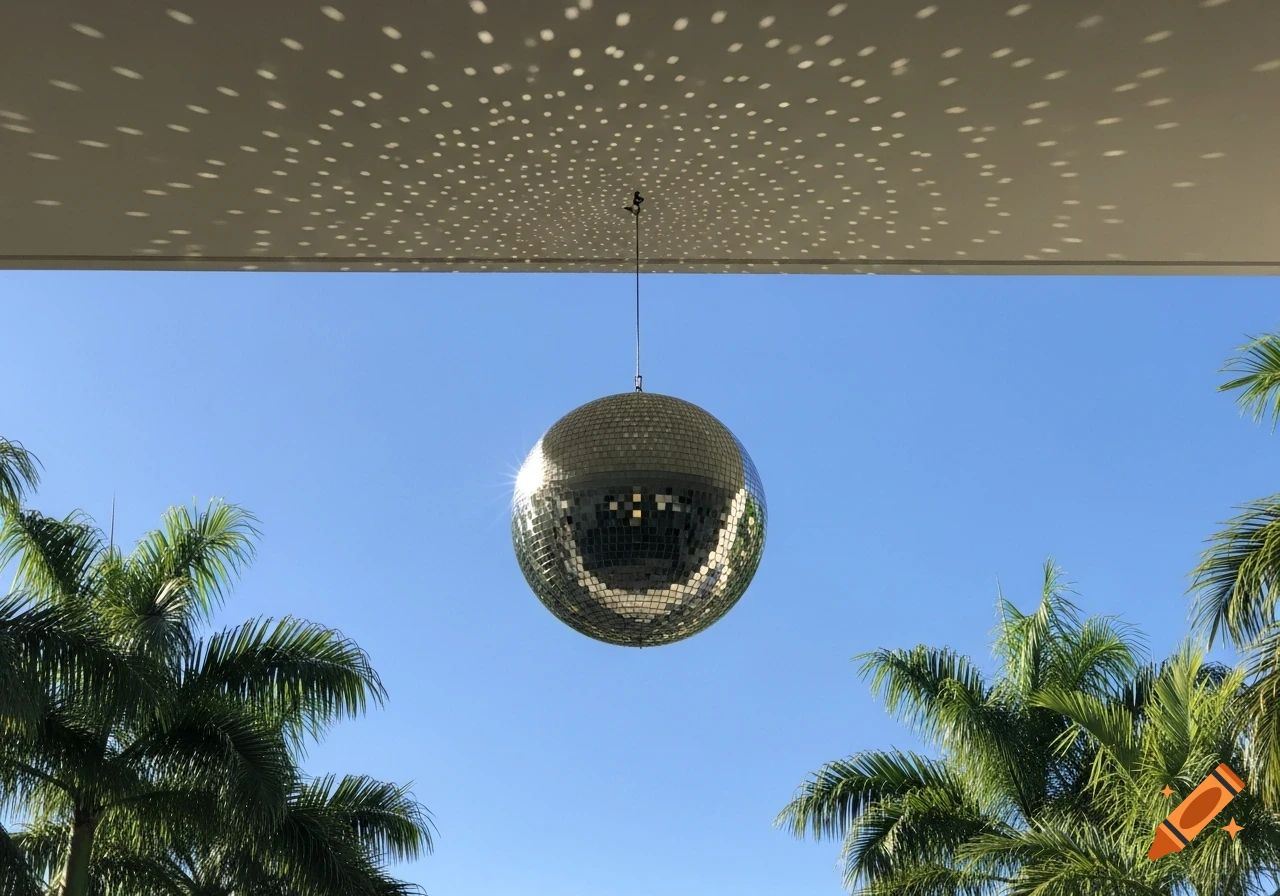 A shiny disco ball hangs centrally under a flat roof, casting dappled light, with a clear blue sky and lush palm trees below.
