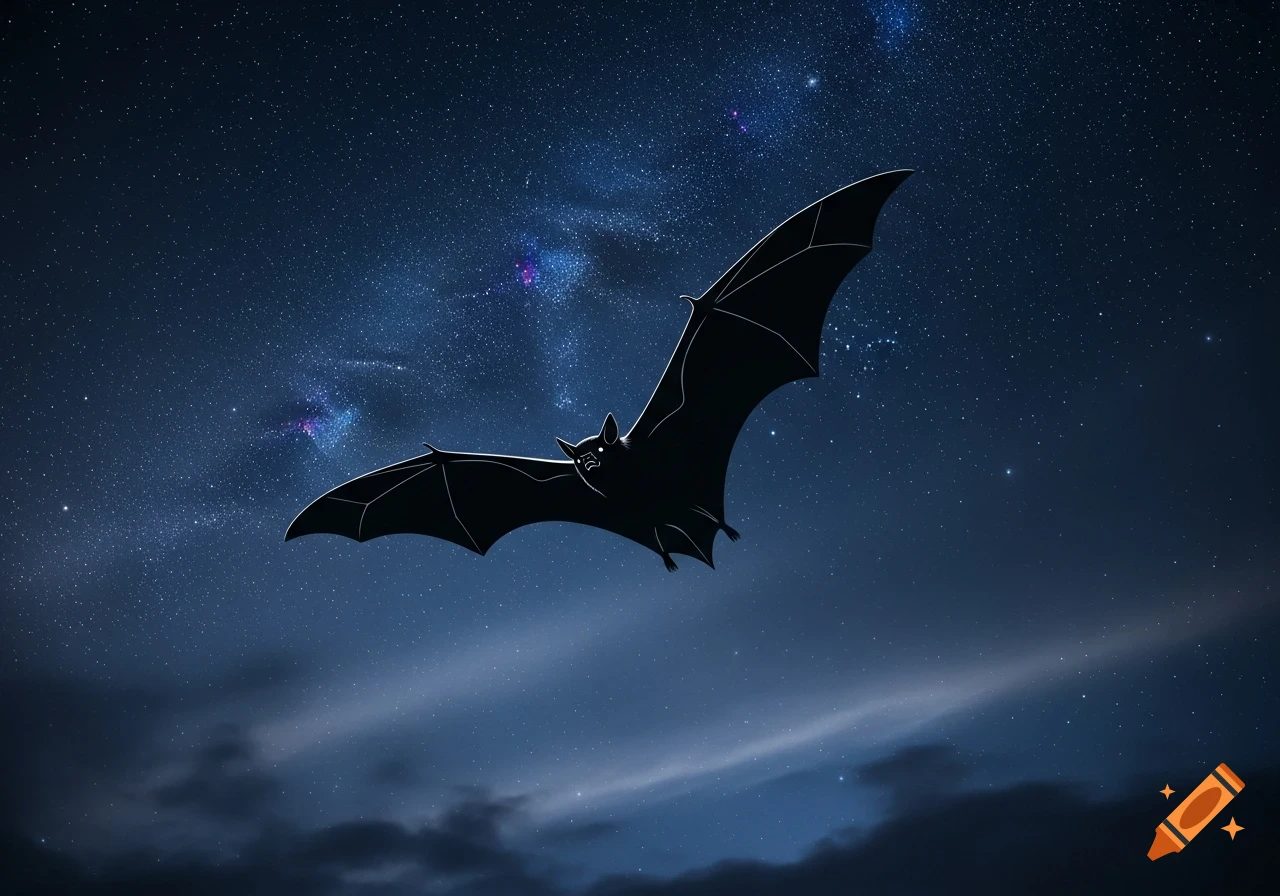 A graphic art illustration of a black bat flying in a dark blue starry night sky with wispy clouds.