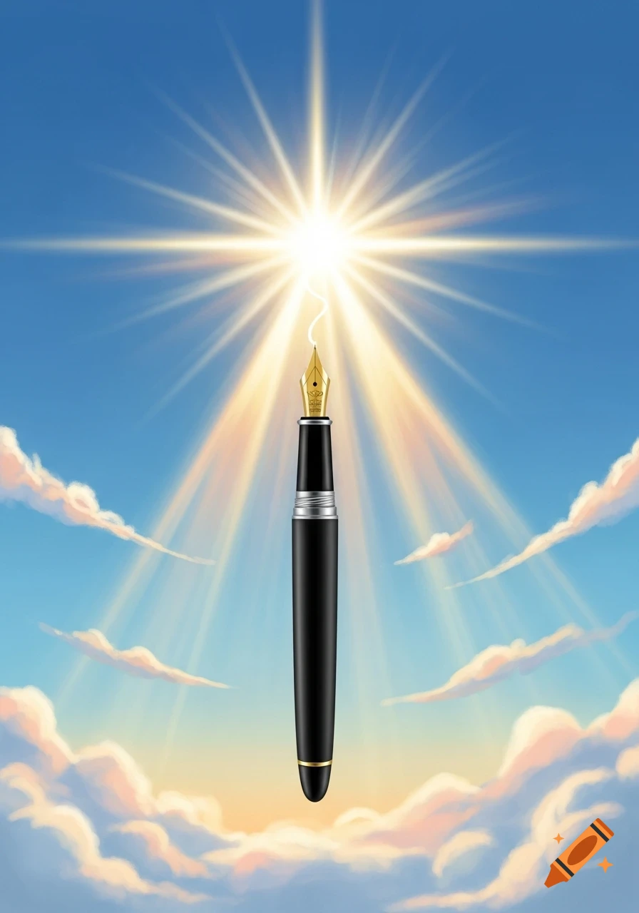 A sleek black and gold fountain pen floating upright in a bright blue sky, emitting brilliant golden sun rays from its tip, with soft clouds below.