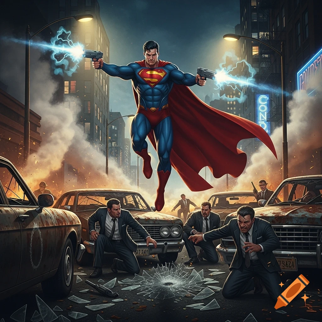Angry Superman hovers, firing two guns with lightning blasts at gangsters taking cover amidst a smoky, debris-filled city street with wrecked cars.