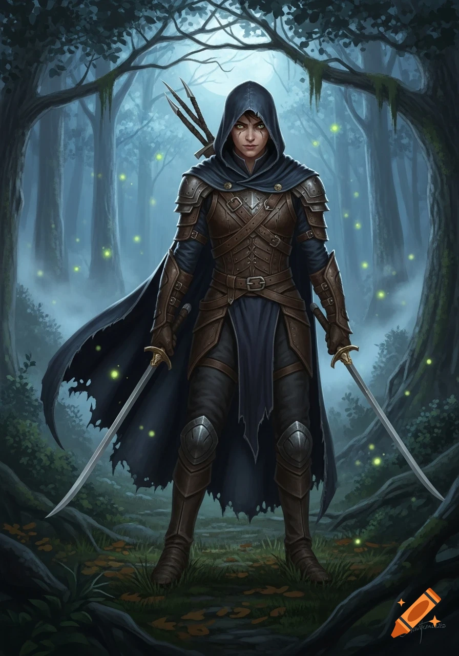 A hooded fantasy rogue stands in a misty forest with glowing fireflies, holding two swords, digital painting.