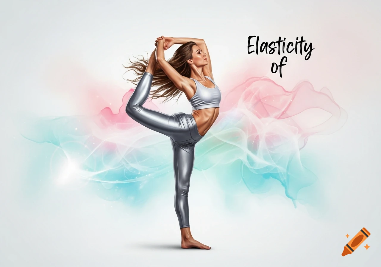 A fit woman in silver leggings and a white sports bra performs a graceful yoga pose against a soft, colorful abstract background, with text "Elasticity of".